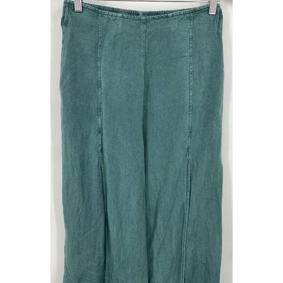 Young Fabulous Broke Wide Green Linen Pants Slits Stretch Waist Size Medium New - Picture 2 of 11